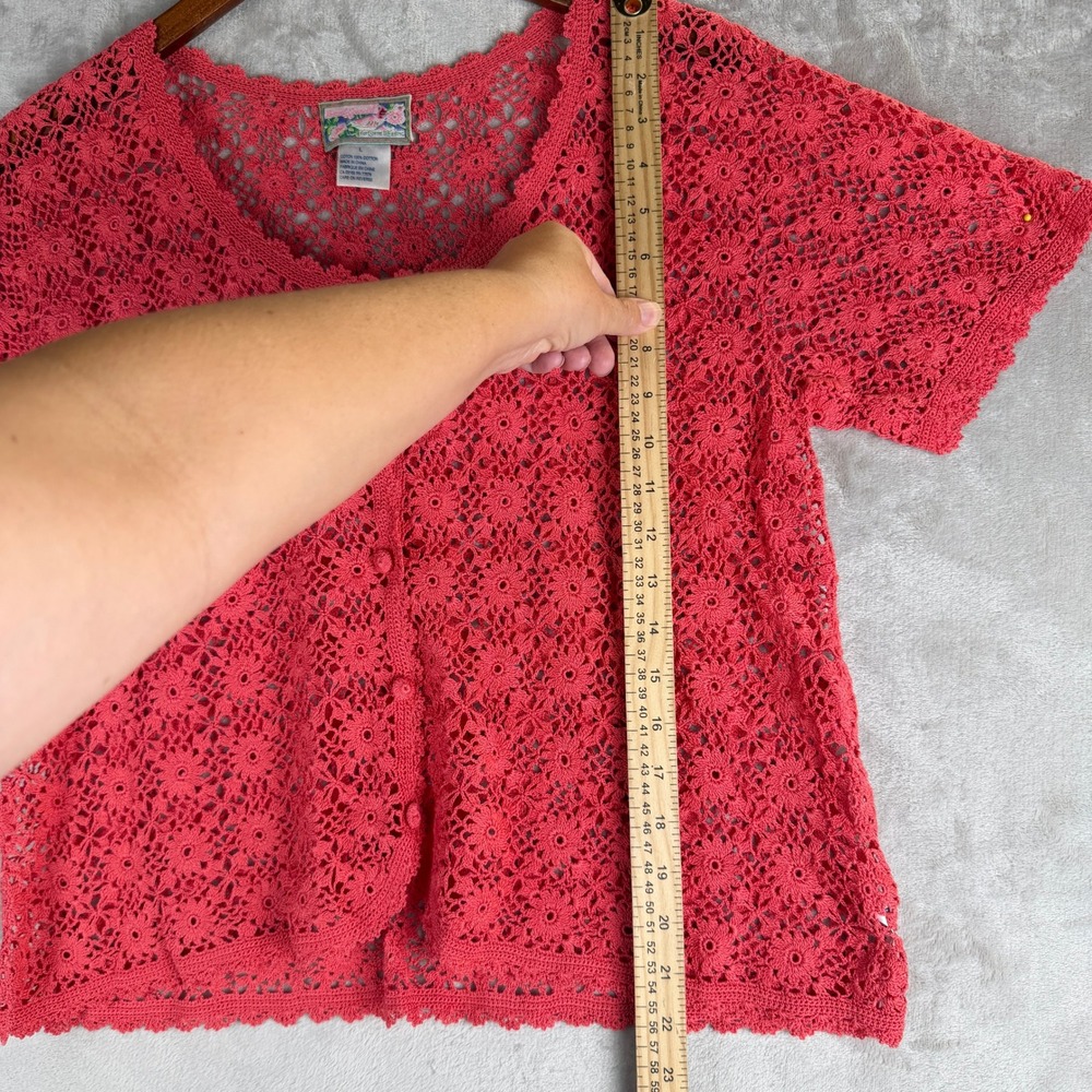 vintage Crochet Cotton Cardigan April Cornell Pink Floral Short Sleeve Button L - Picture 7 of 8